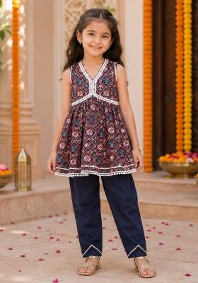 Navy Blue Printed Polyester Ethnic Set For Girls