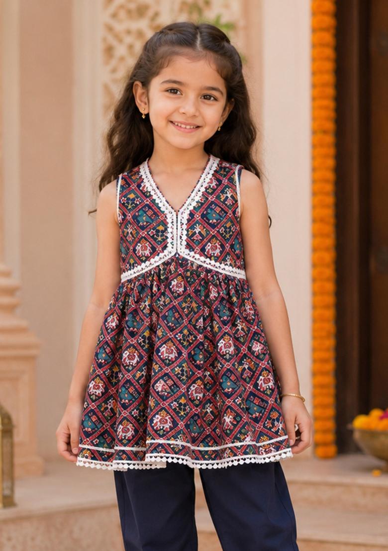 Navy Blue Printed Polyester Ethnic Set For Girls - Indya