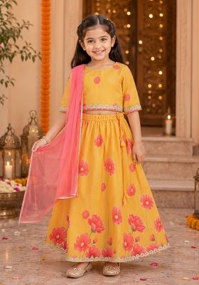 Yellow Printed Polyester Ethnic Set For Girls