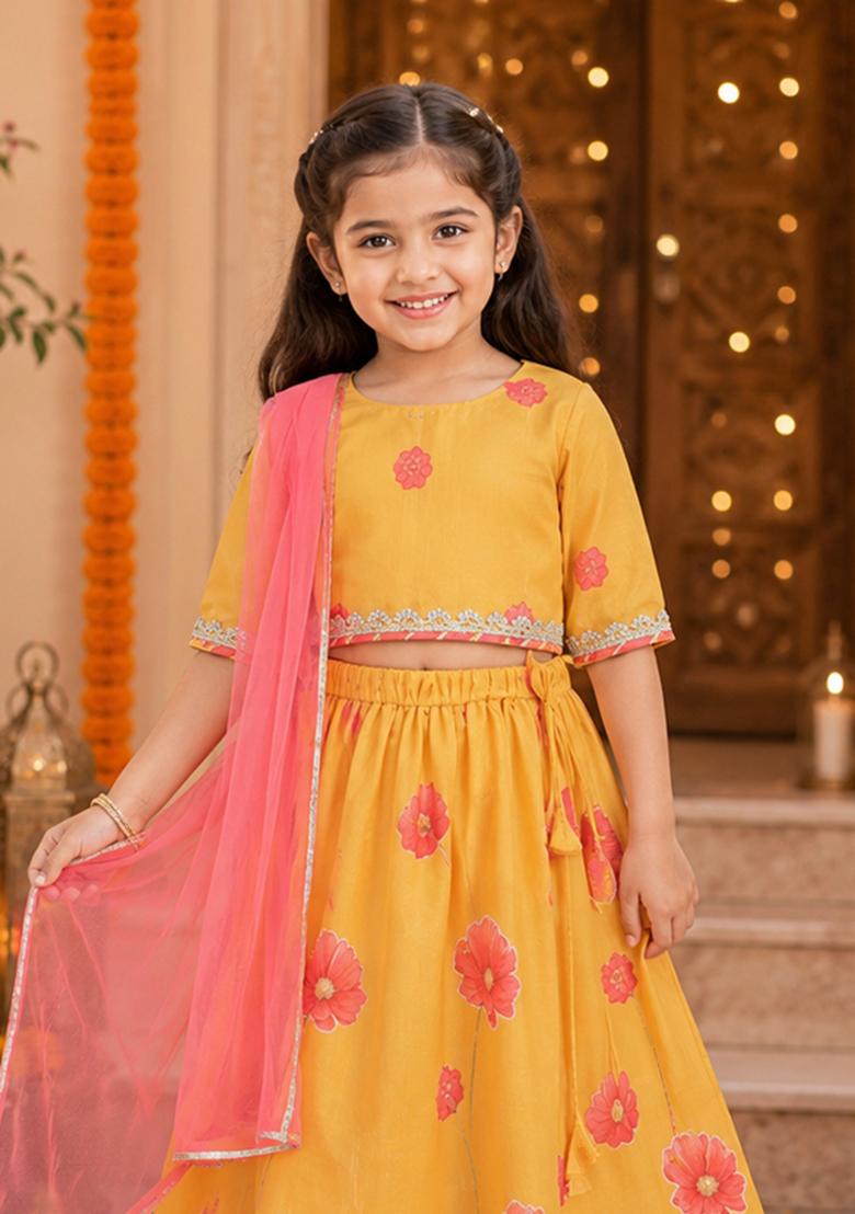 Yellow Printed Polyester Ethnic Set For Girls - Indya
