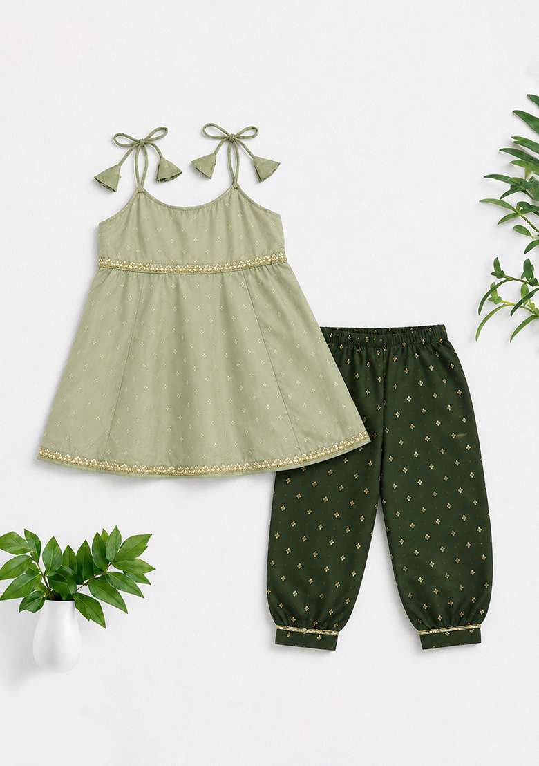 Green Printed Polyester Kurta Pant For Girls - Indya