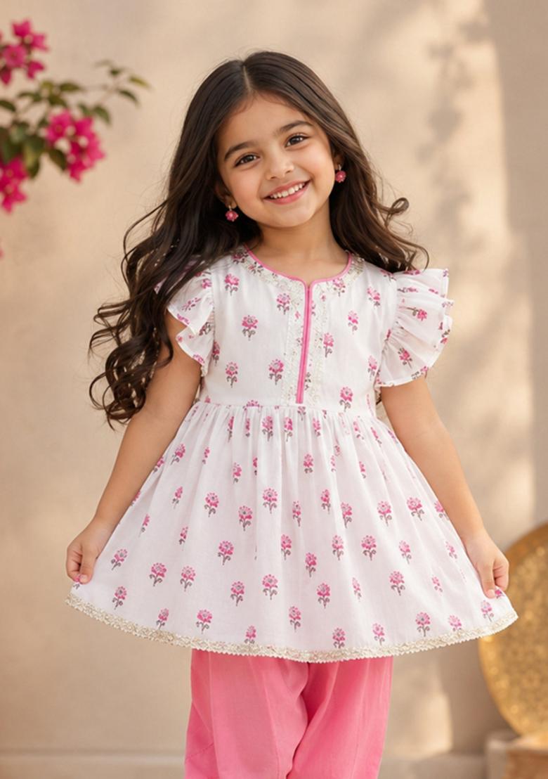 Pink Printed Cotton Co-Ord Set For Girls - Indya