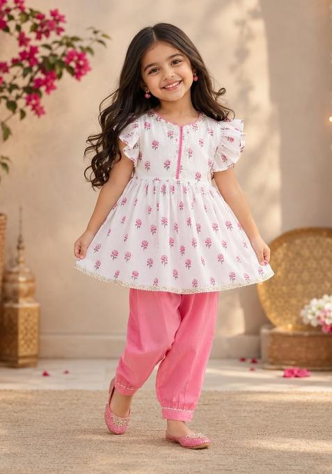 Pink Printed Cotton Co-Ord Set For Girls