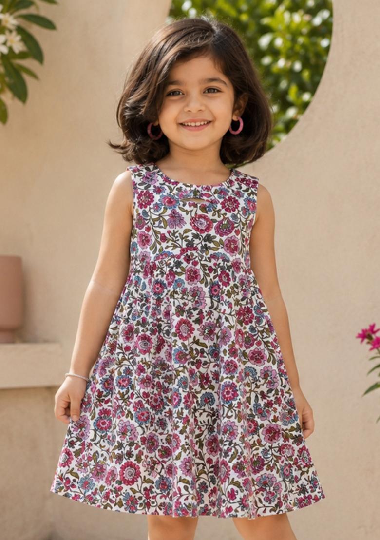 White Floral Print Cambric Knee Length Dresses For Girls - Indya