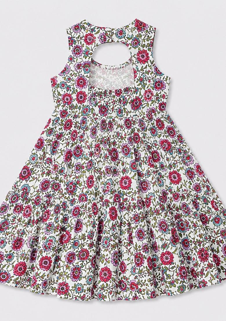 White Floral Print Cambric Knee Length Dresses For Girls - Indya