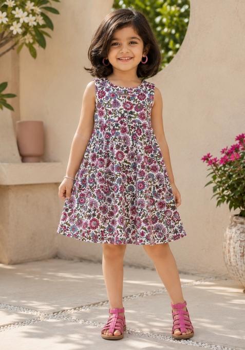 White Floral Print Cambric Knee Length Dresses For Girls