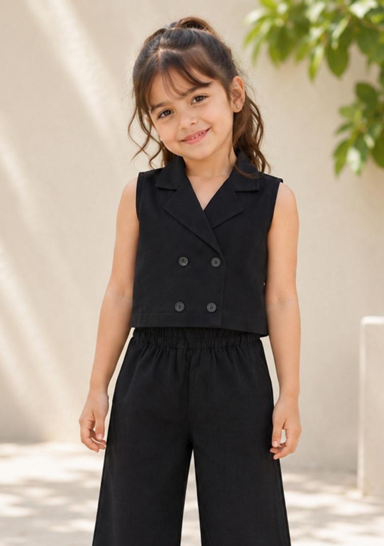Black Solid Cotton Co-Ord Set For Girls - Indya