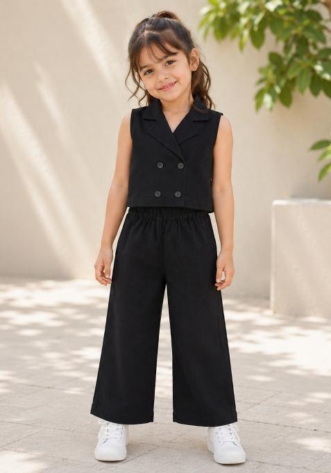 Black Solid Cotton Co-Ord Set For Girls