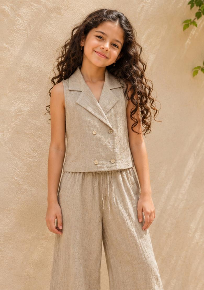 Beige Solid Cotton Co-Ord Set For Girls - Indya