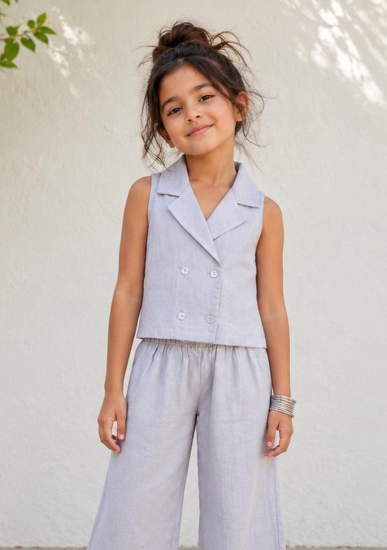 Lavender Solid Cotton Co-Ord Set For Girls - Indya