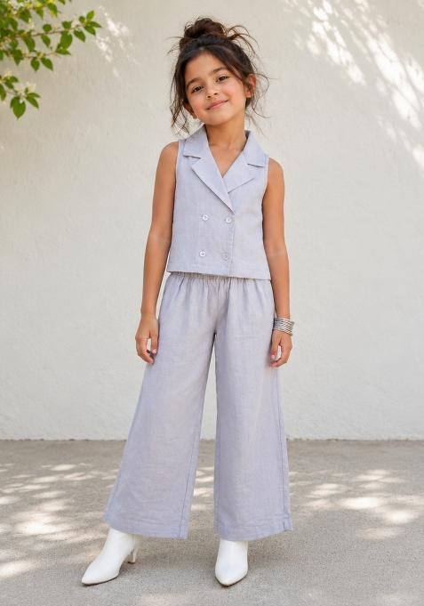 Lavender Solid Cotton Co-Ord Set For Girls