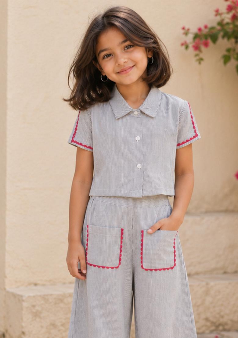 White Stripes Cotton Co-Ord Set For Girls - Indya