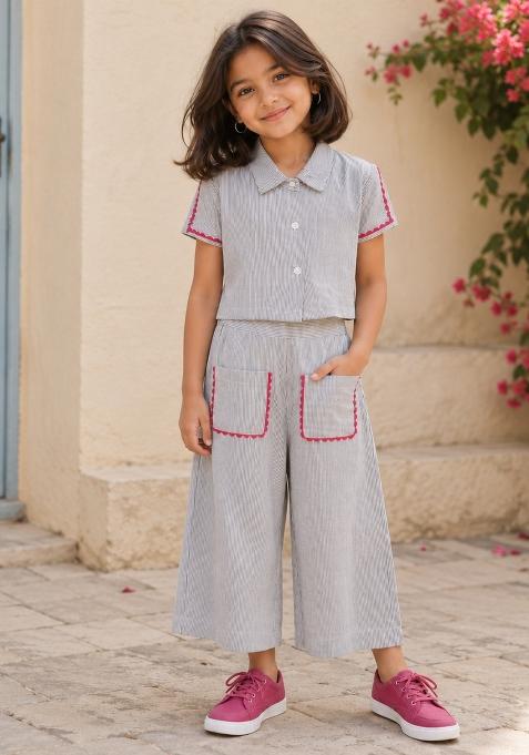 White Stripes Cotton Co-Ord Set For Girls