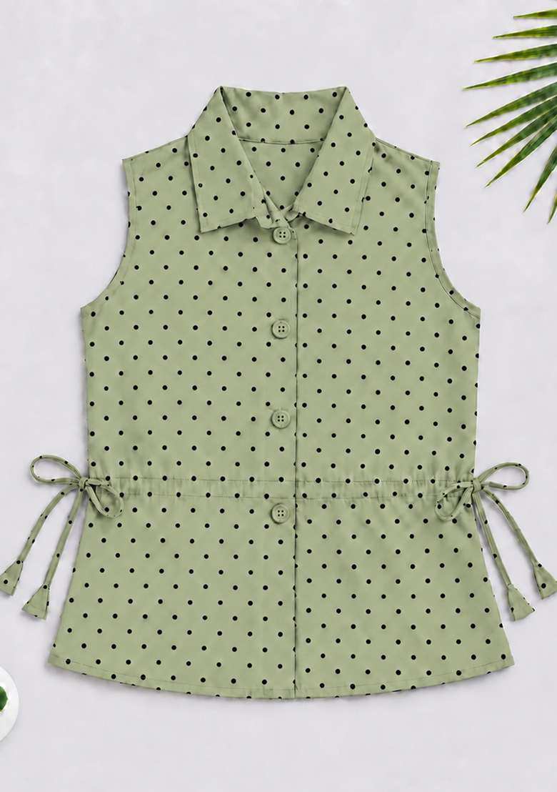 Green Printed Cotton Tops For Girls - Indya