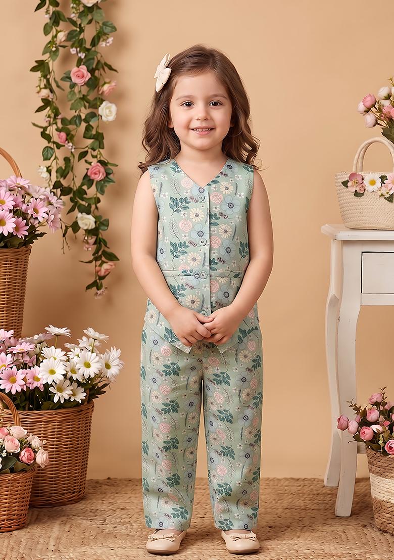 Green Printed Cotton Co-Ord Set For Girls - Indya