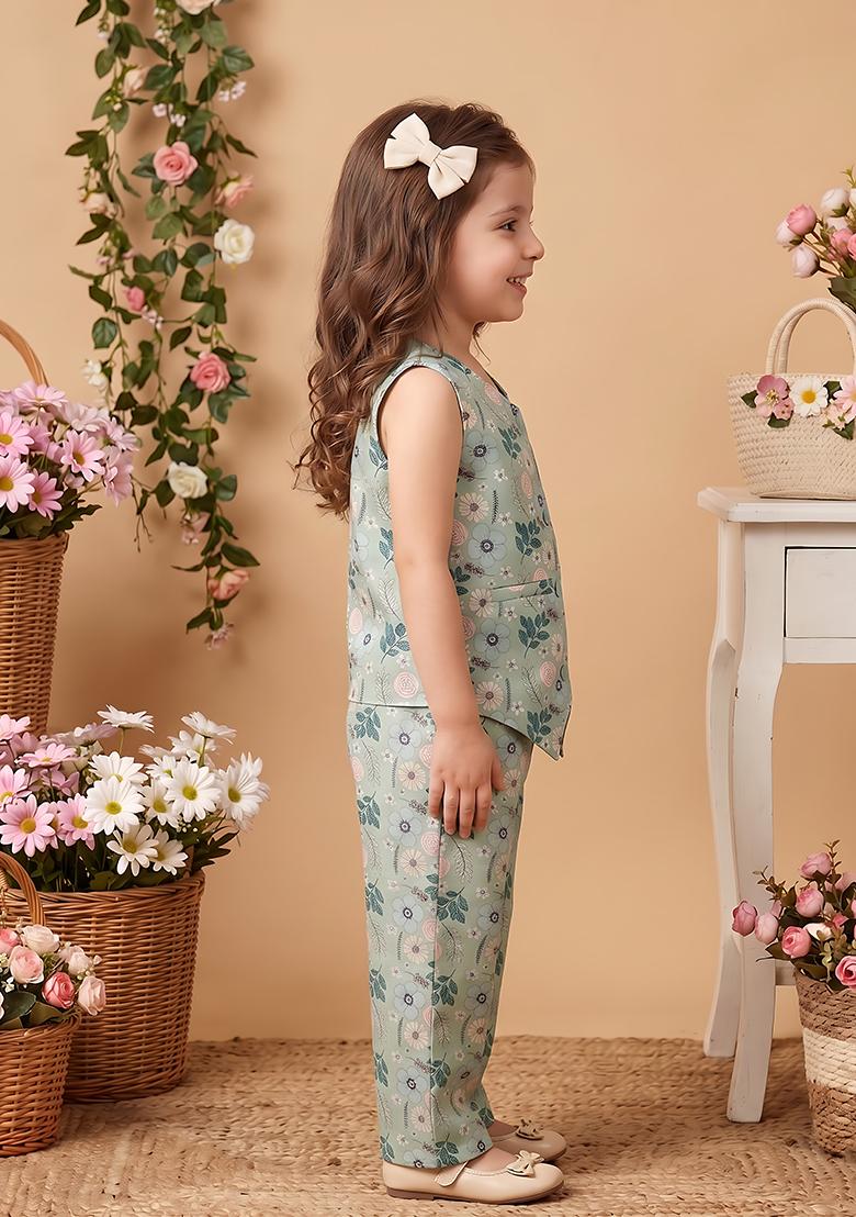 Green Printed Cotton Co-Ord Set For Girls - Indya