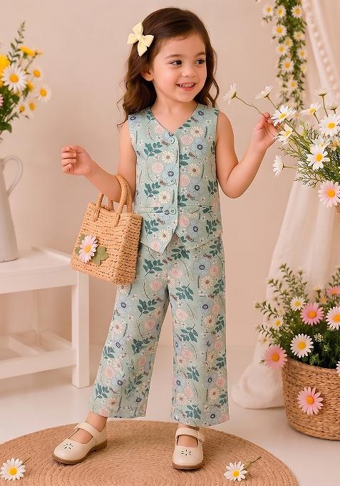 Green Printed Cotton Co-Ord Set For Girls