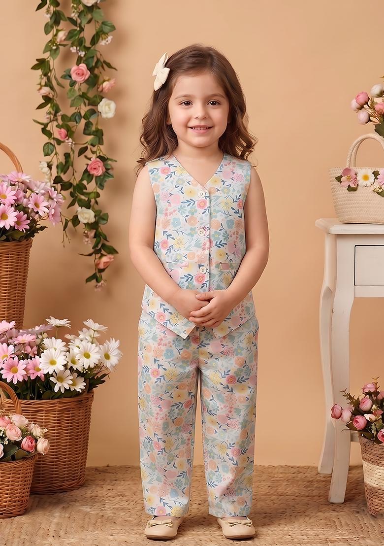 White Printed Cotton Co-Ord Set For Girls - Indya