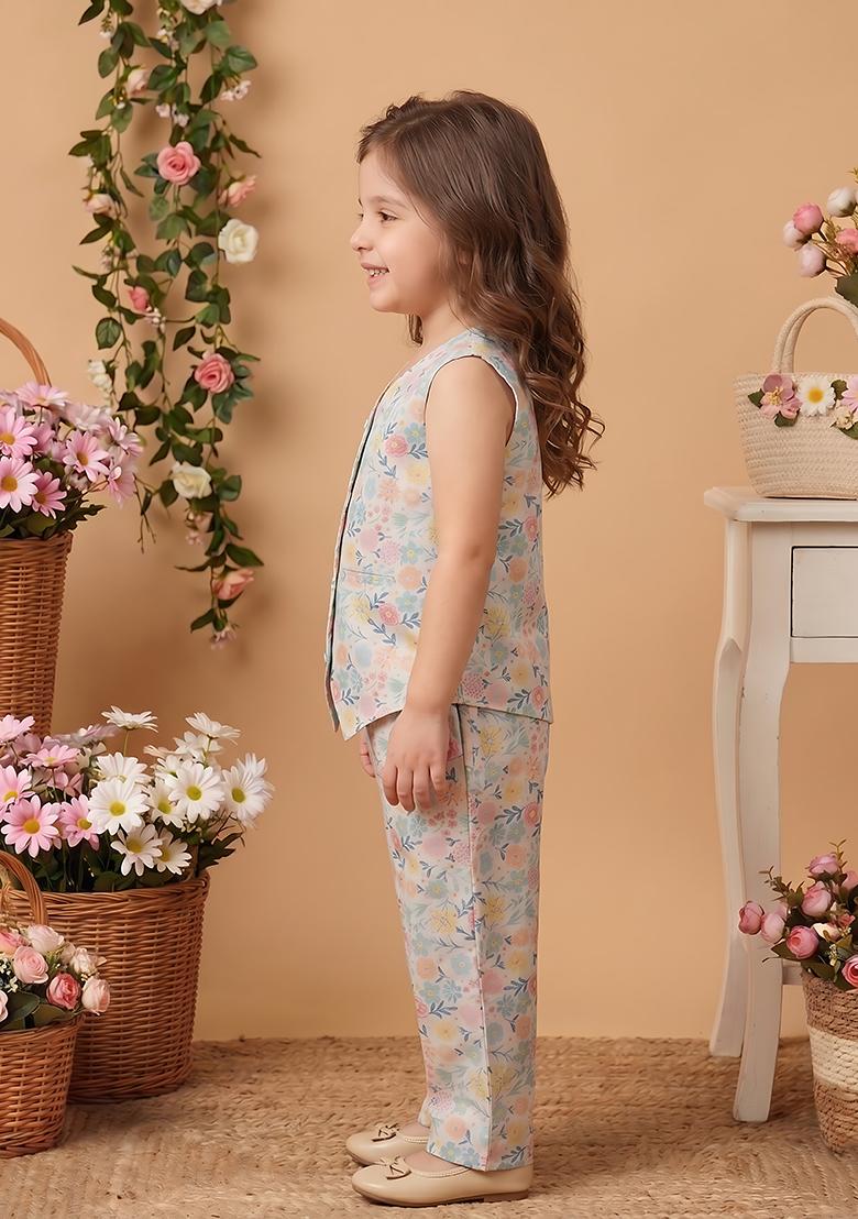 White Printed Cotton Co-Ord Set For Girls - Indya