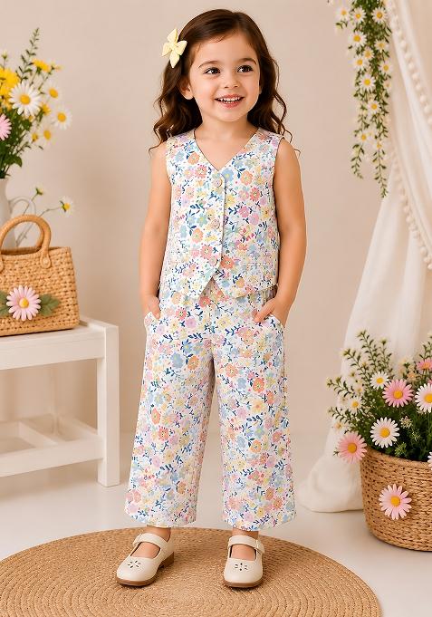 White Printed Cotton Co-Ord Set For Girls