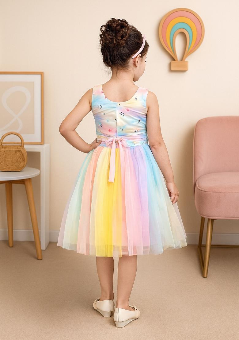 Multicolor Printed Blended Dress For Girls - Indya