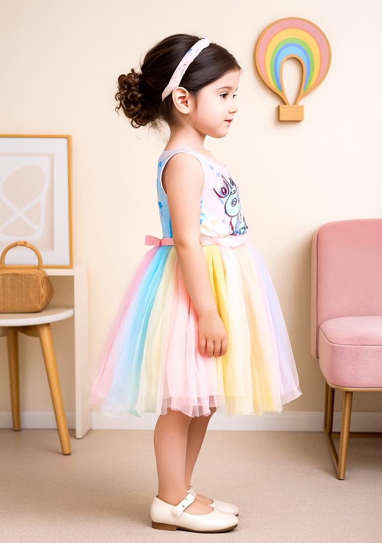 Multicolor Printed Blended Dress For Girls - Indya