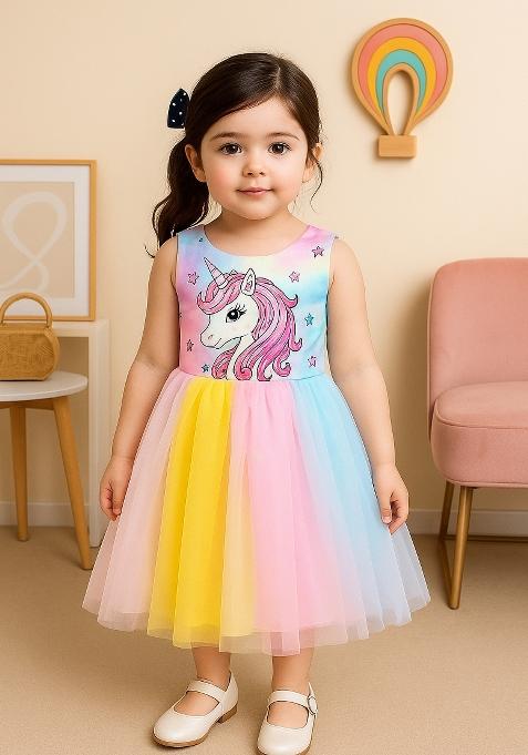 Multicolor Printed Blended Dress For Girls