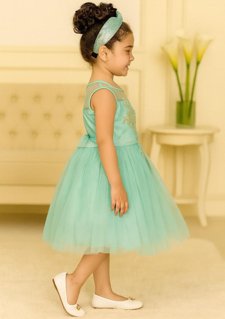Green Printed Net Dress For Girls - Indya