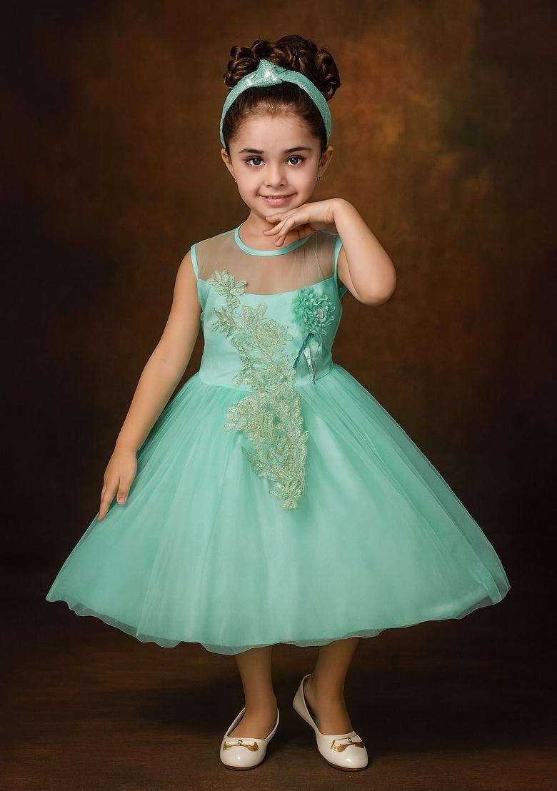 Green Printed Net Dress For Girls - Indya