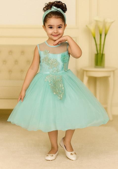Green Printed Net Dress For Girls