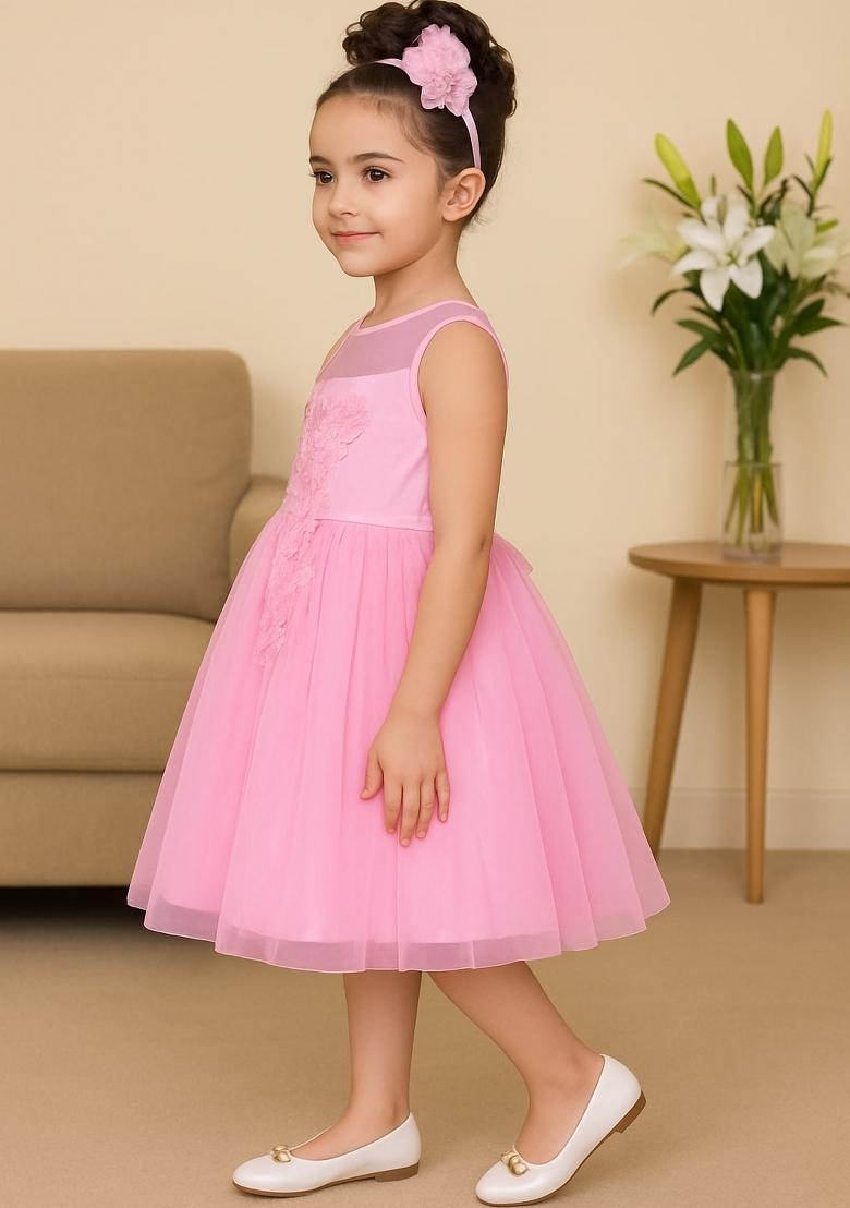 Pink Printed Net Dress For Girls - Indya