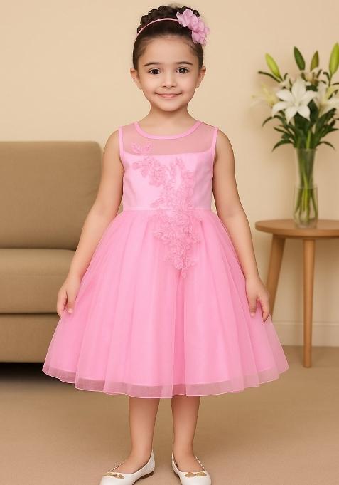 Pink Printed Net Dress For Girls