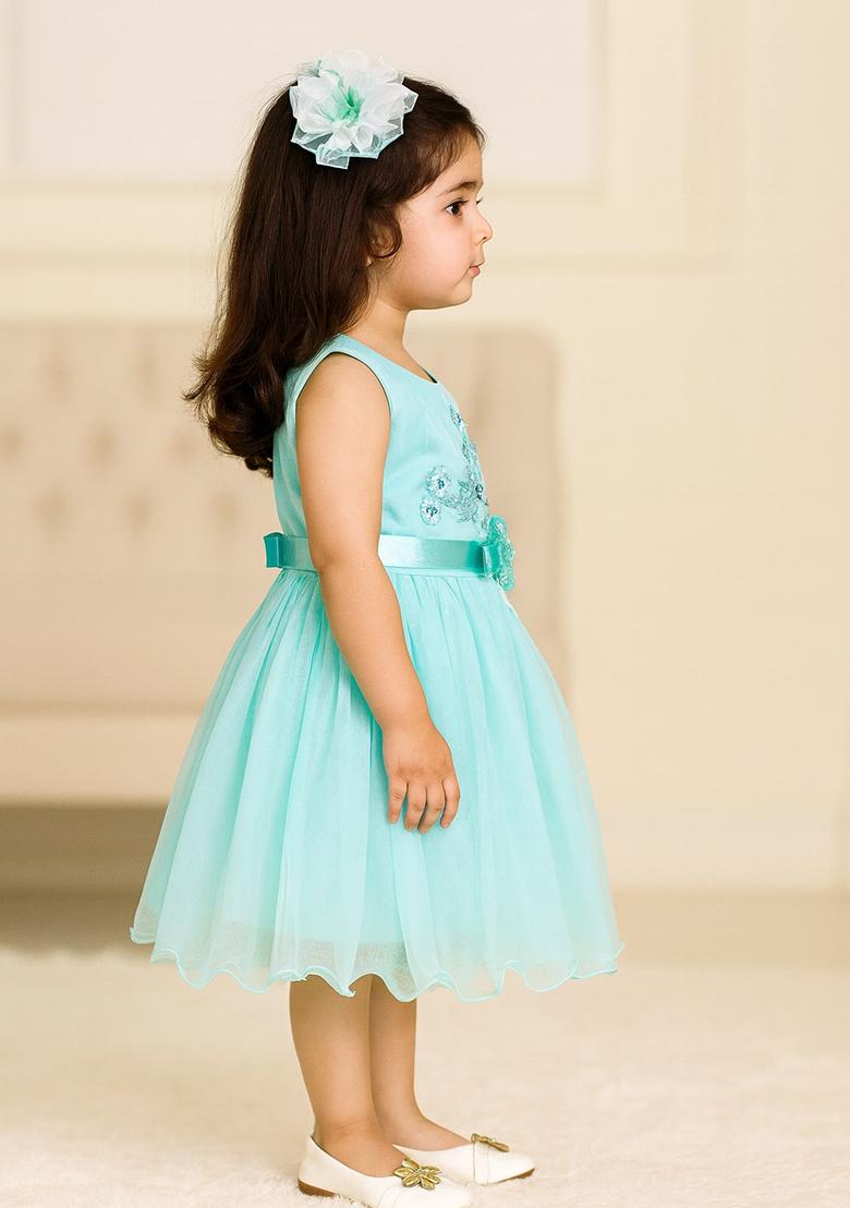 Firozi Printed Net Dress For Girls - Indya