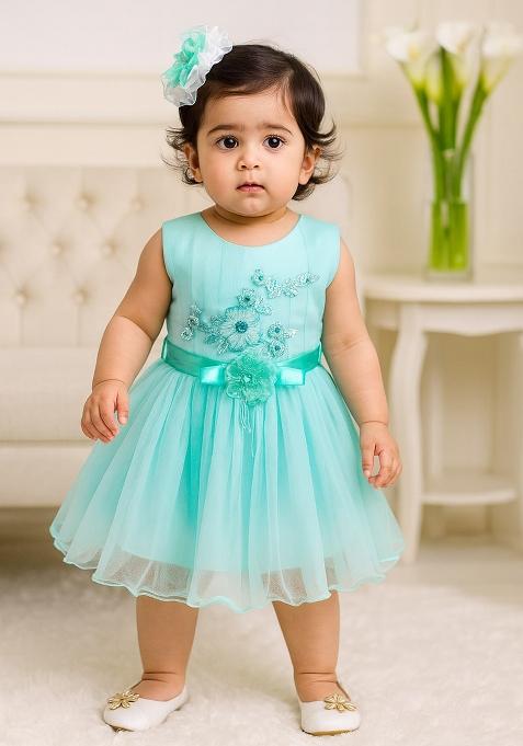 Firozi Printed Net Dress For Girls