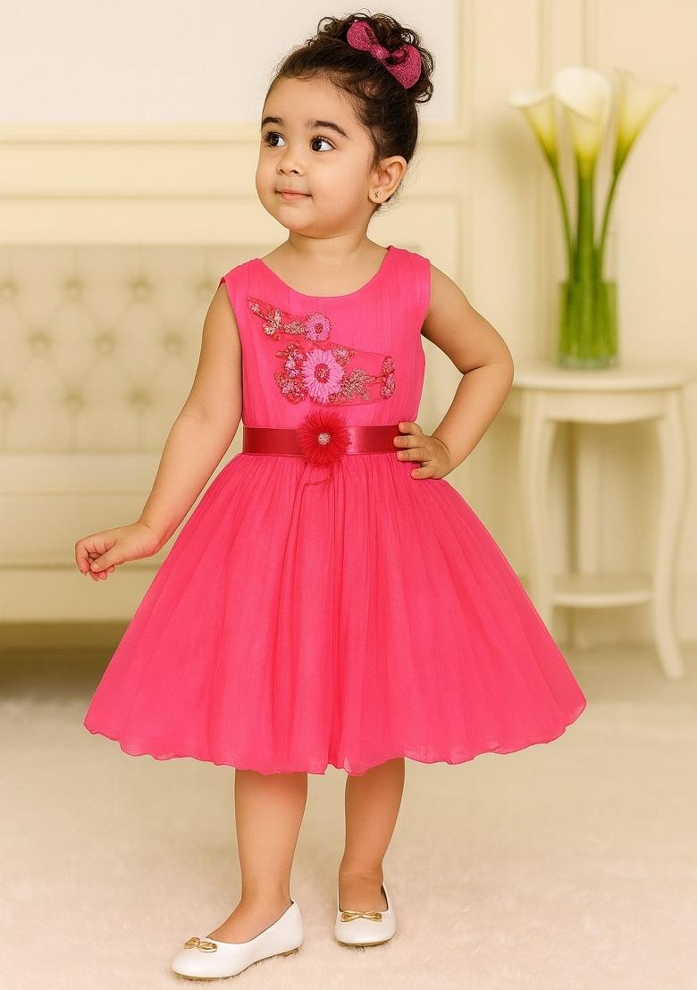 Pink Printed Net Dress For Girls - Indya