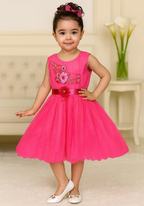 Pink Printed Net Dress For Girls