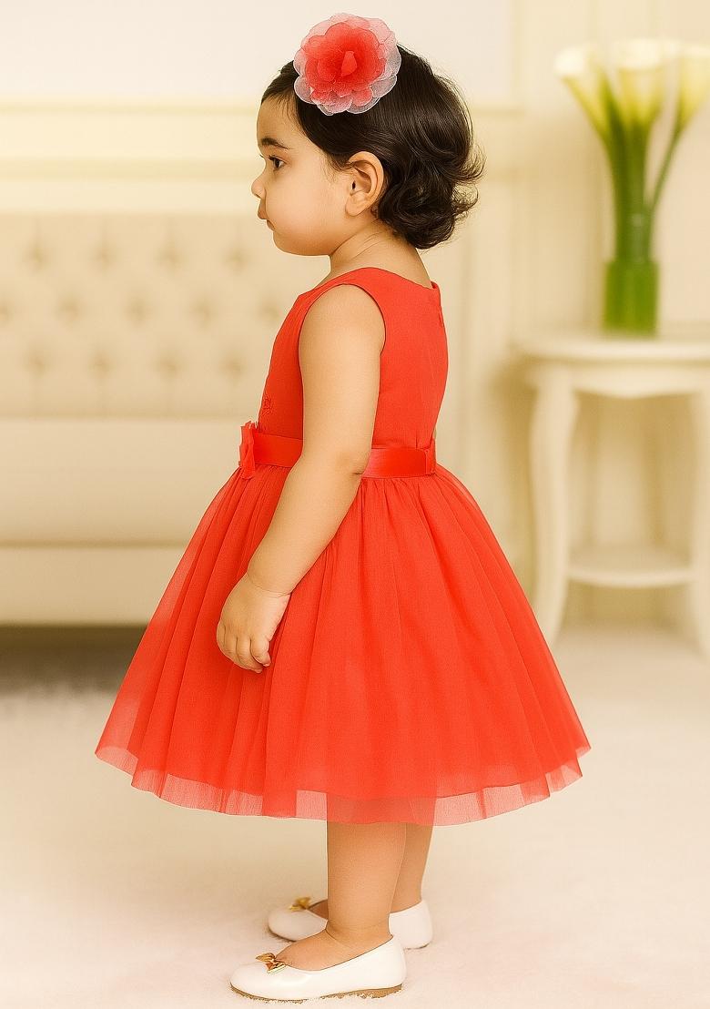 Red Printed Net Dress For Girls - Indya
