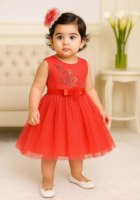 Red Printed Net Dress For Girls