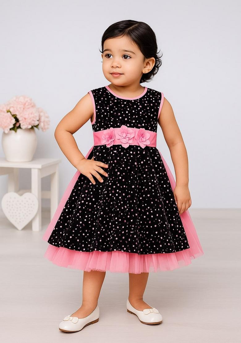 Wine Printed Net Dress For Girls - Indya