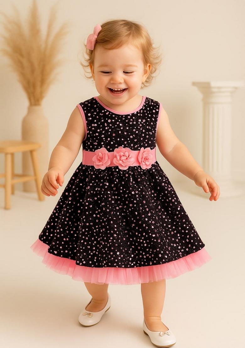Wine Printed Net Dress For Girls - Indya
