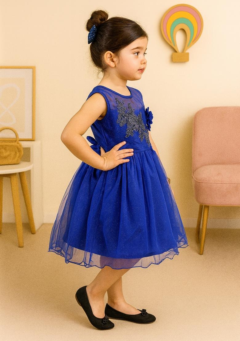Blue Printed Net Dress For Girls - Indya
