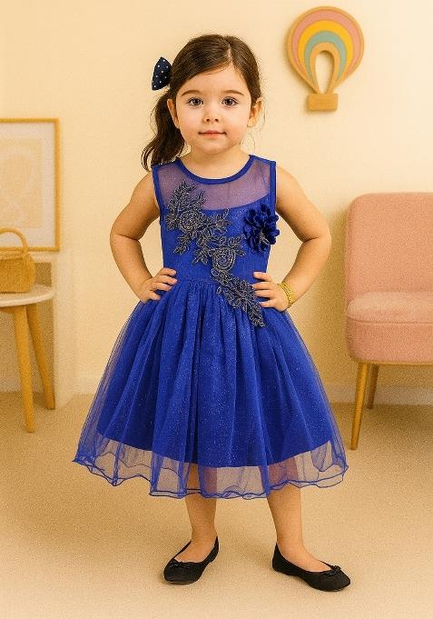 Blue Printed Net Dress For Girls