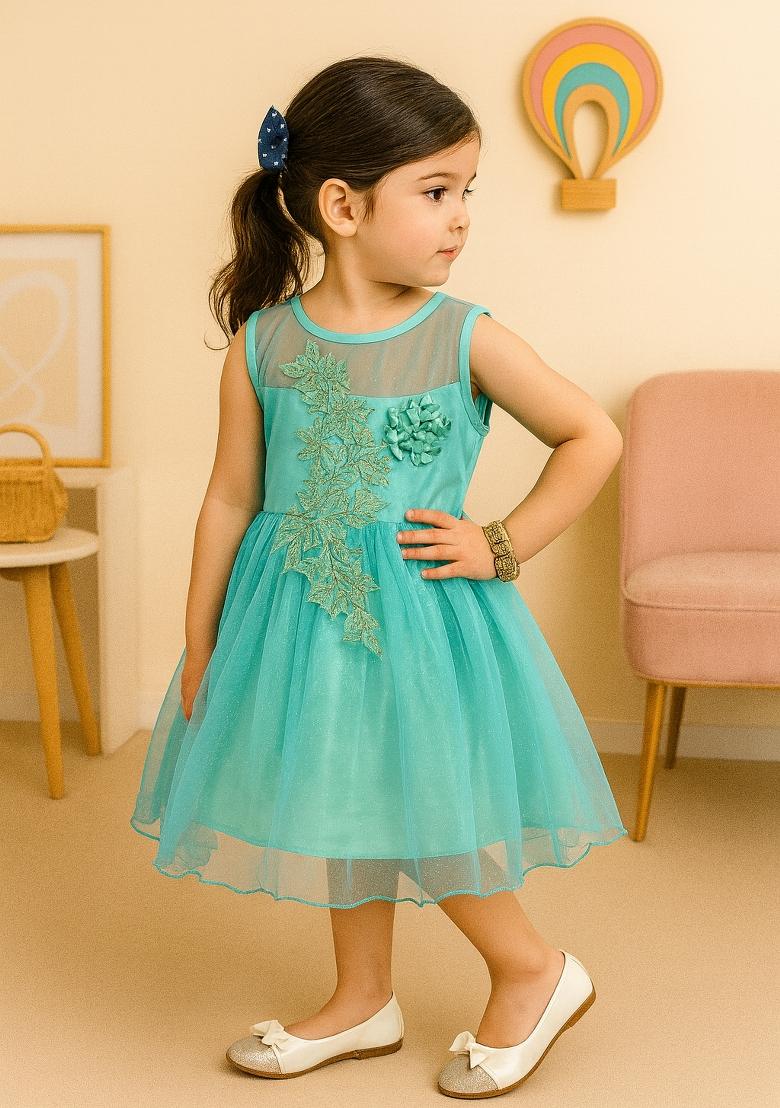 Light Green Printed Net Dress For Girls - Indya