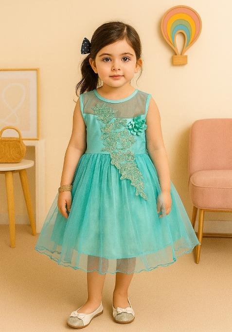 Light Green Printed Net Dress For Girls