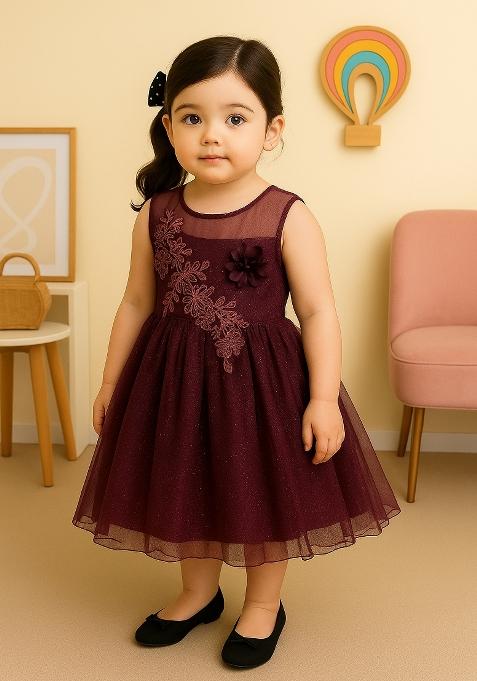 Wine Printed Net Dress For Girls