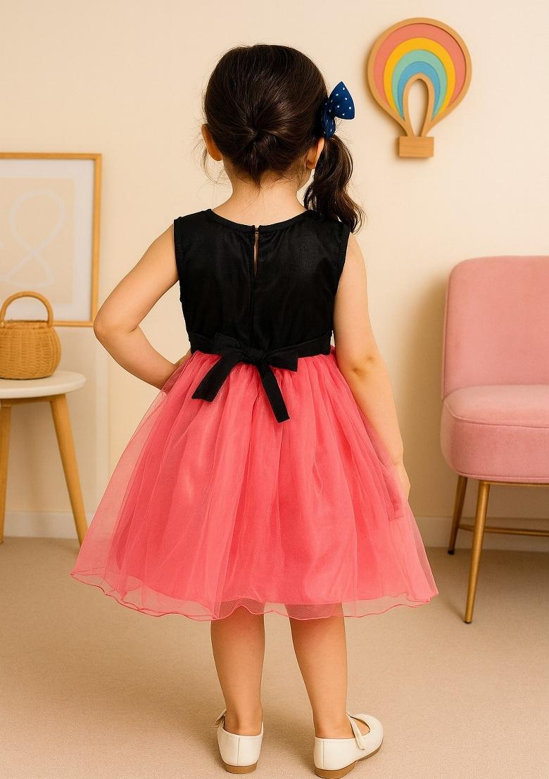 Peach Printed Net Dress For Girls - Indya