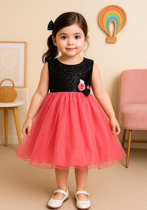 Peach Printed Net Dress For Girls