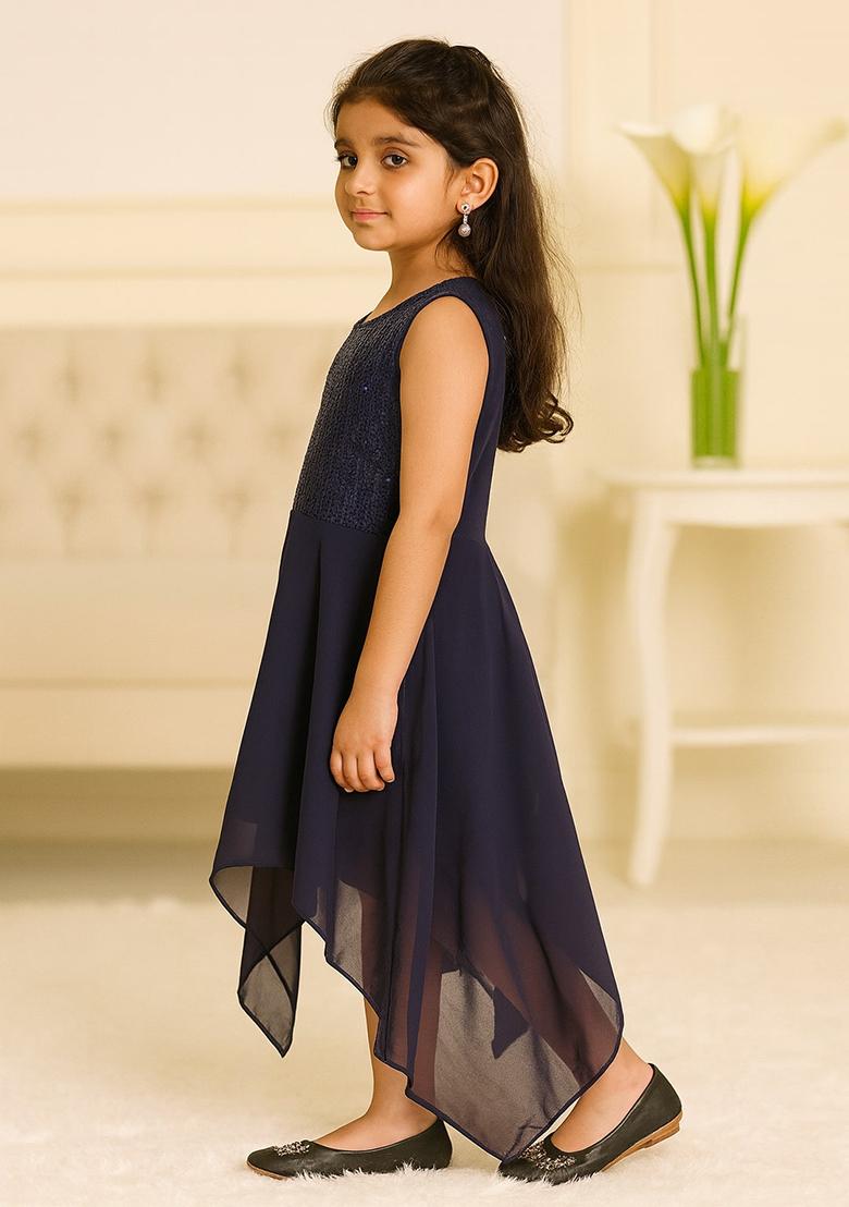 Blue Printed Net Dress For Girls - Indya