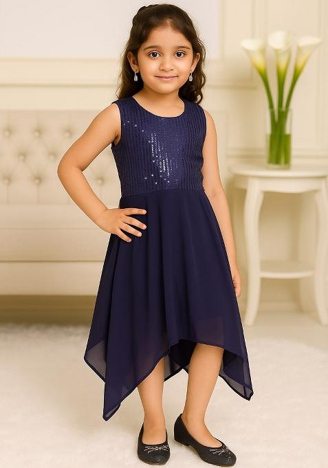 Blue Printed Net Dress For Girls