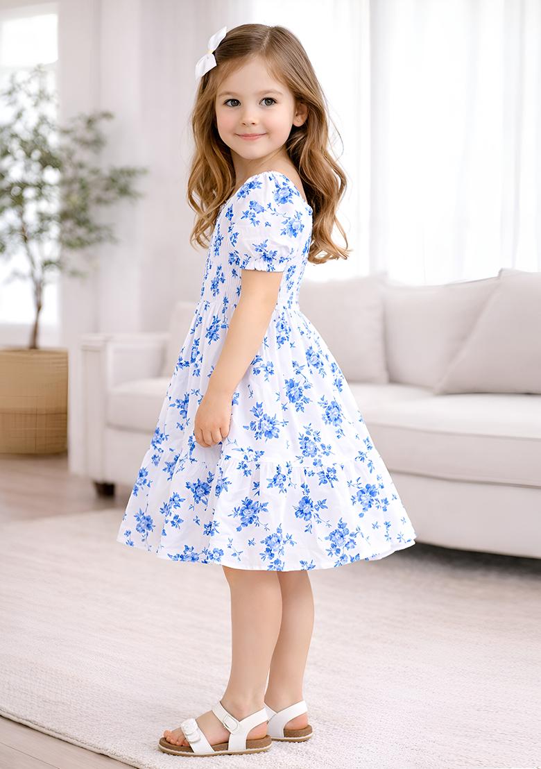 Blue Printed Viscose Dress For Girls - Indya